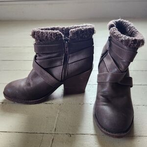 Charolette Russe Brown Faux Fur Trim Ankle Boots | Chunky Heel Booties | Women’s